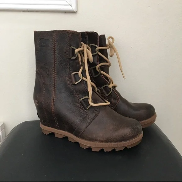Sorel Joan of Arctic Burro (Brown) Leather Wedge Mid High Bootie Lace Up Boot - Picture 2 of 8